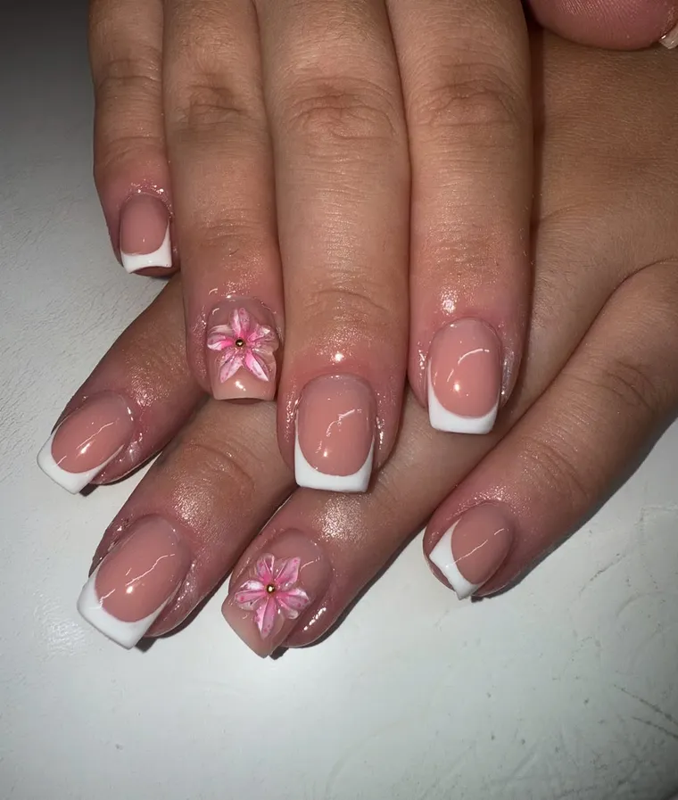 BIAB pretty-French nail set with hand-painted floral detail by Autumn Rose Hair & Beauty