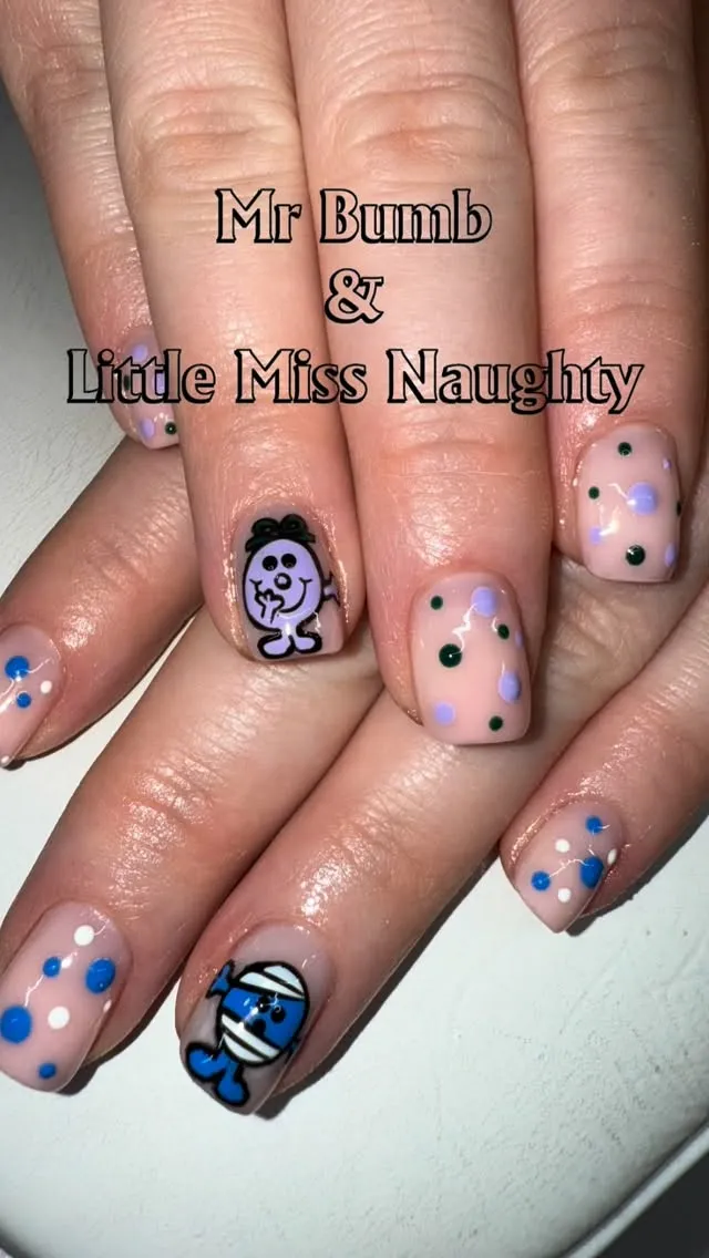 Playful hand-painted Little Miss nail art by Autumn Rose Hair & Beauty